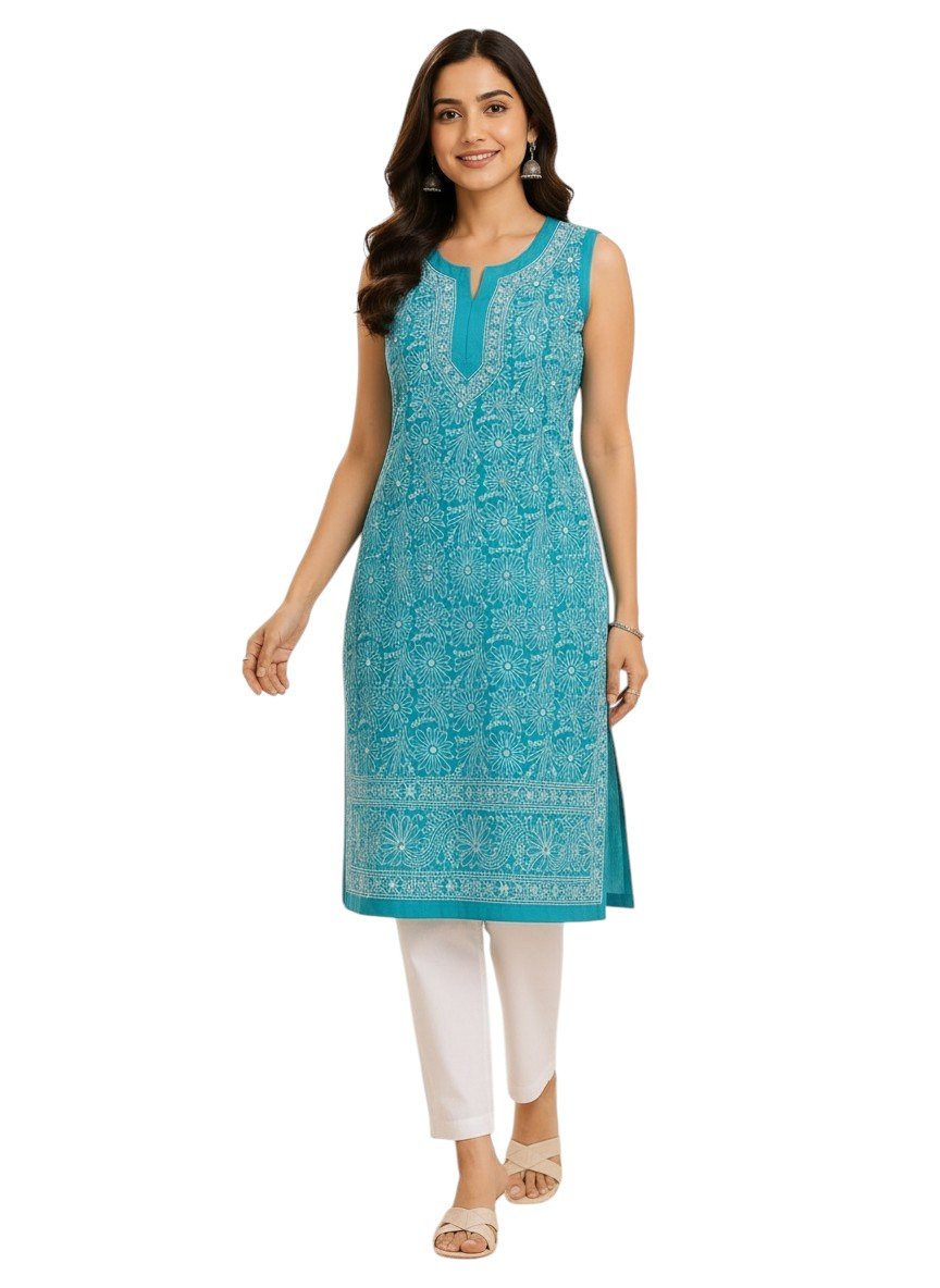 Sleeveless Lucknowi Chikankari Voile Cotton Kurti
